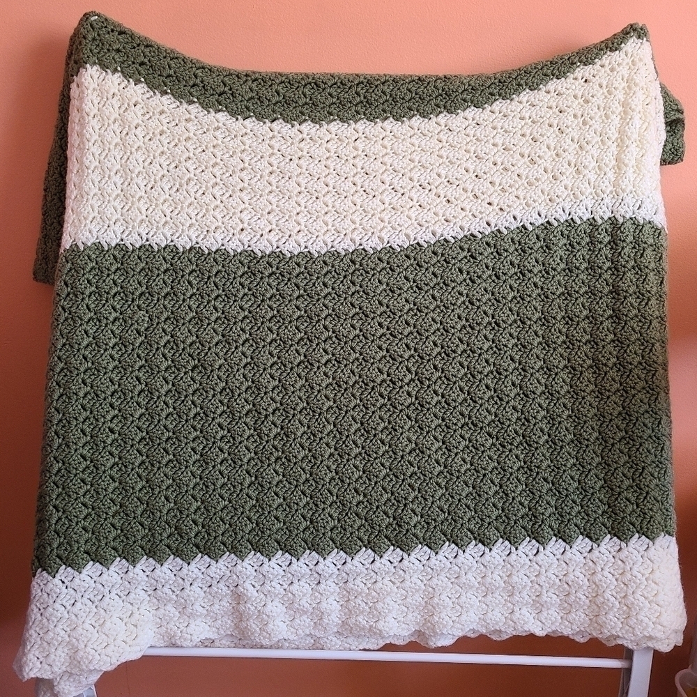 Hand Knitted Green, White & Cream Blocked Baby Blanket